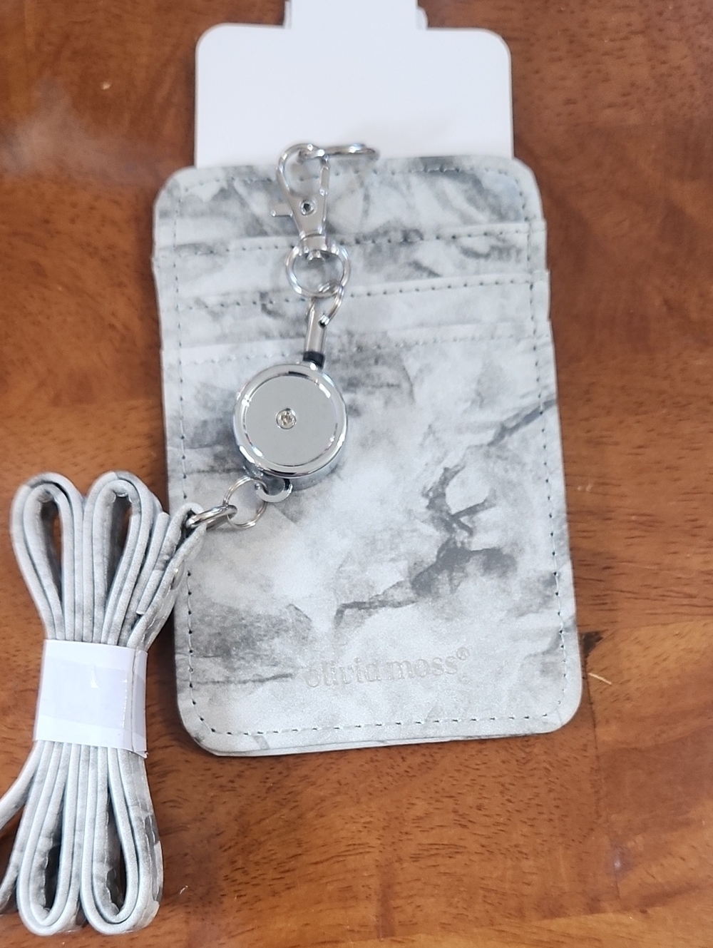 Olivia Moss Marble Gray Card Holder with Retractable Reel and Lanyard